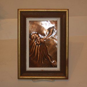 Copper Relief Picture Jewish Judaica Man With Shofar Signed Framed